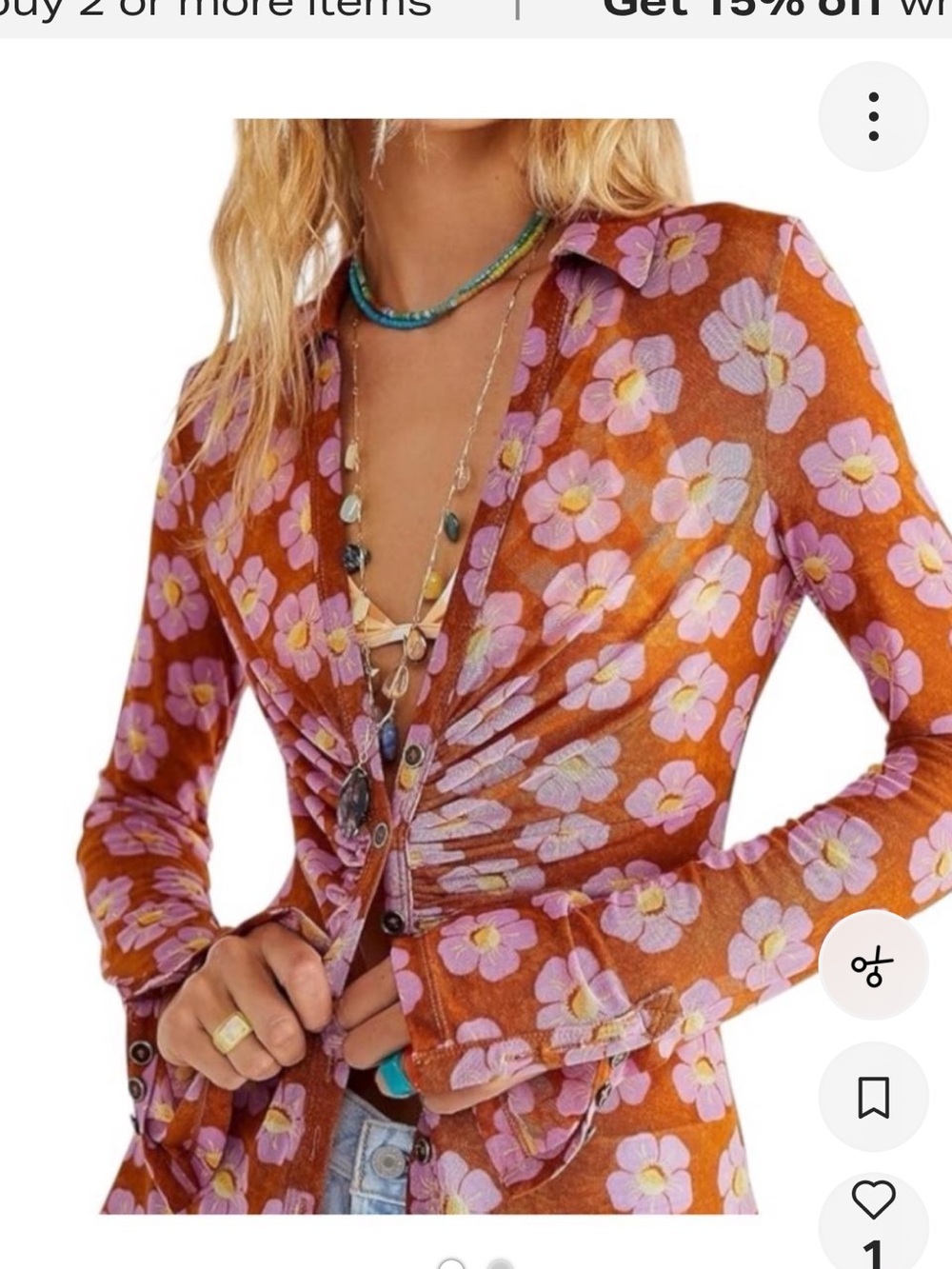 Free People Rust Floral Long Sleeve Tee with Pink Flowers